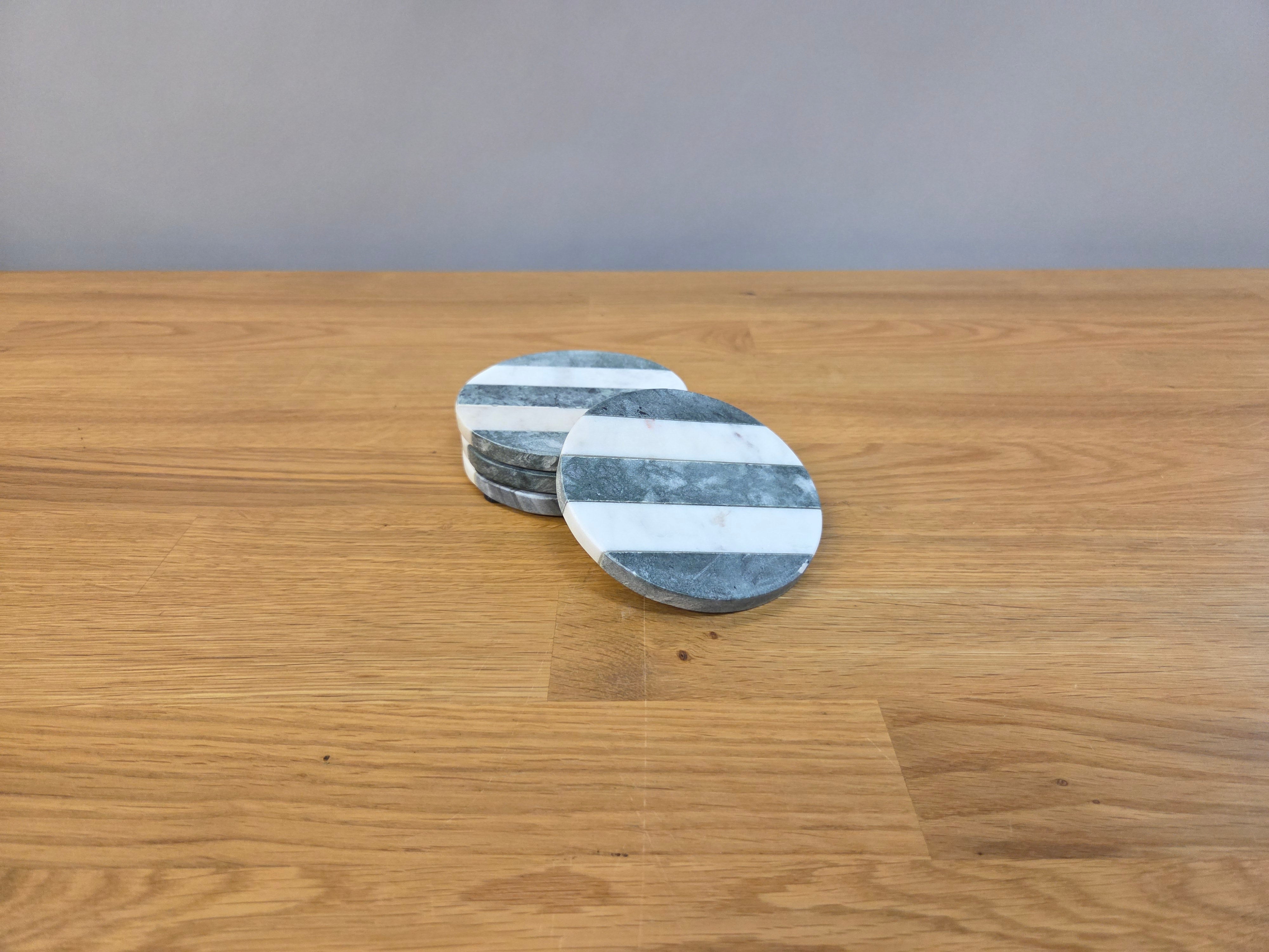 Grey and White Striped Marble Coaster Set