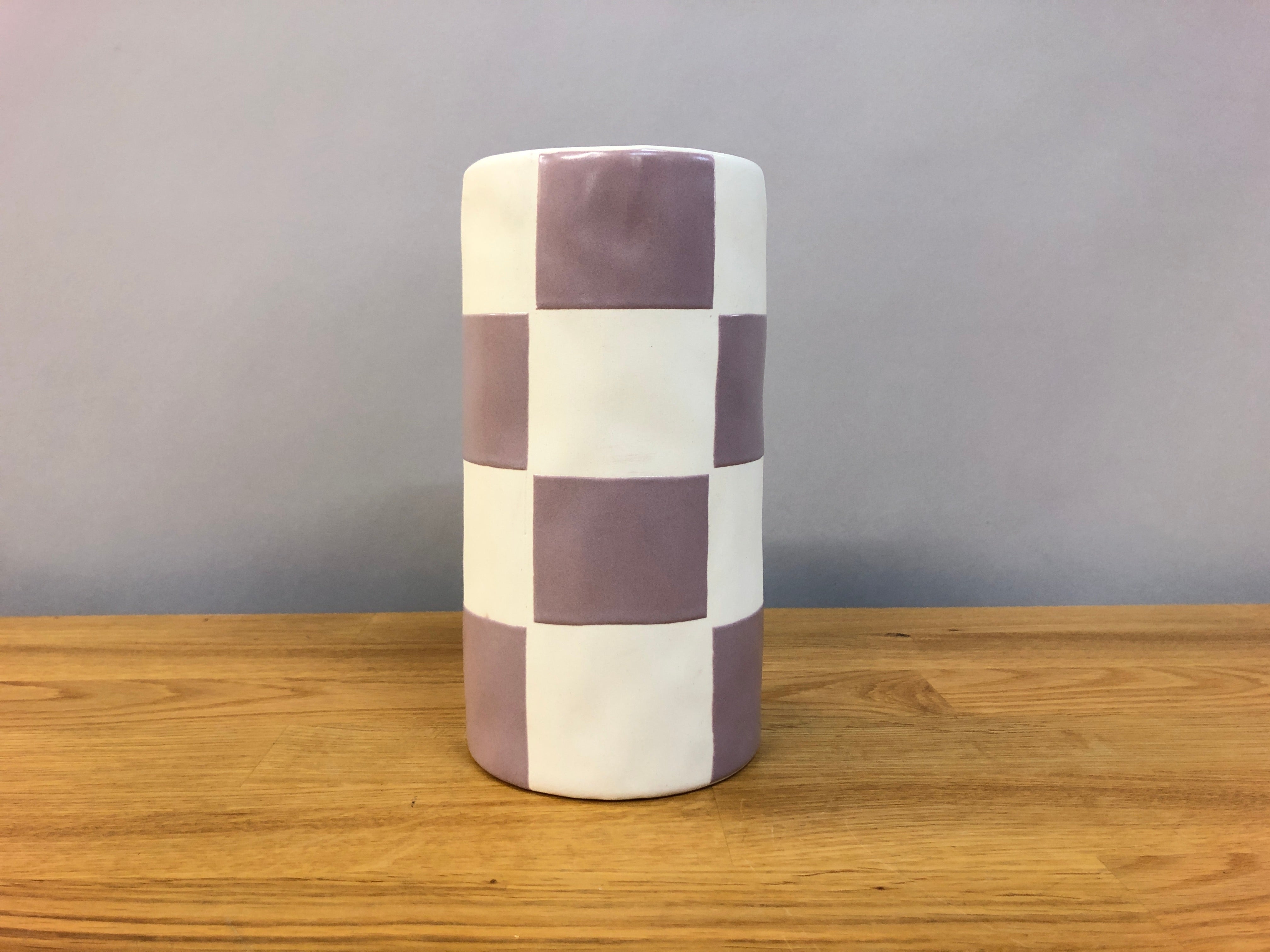 Purple and White Checkered Cylinder Vase