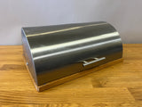 Silver Half circle bread box with wood base