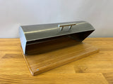 Silver Half circle bread box with wood base