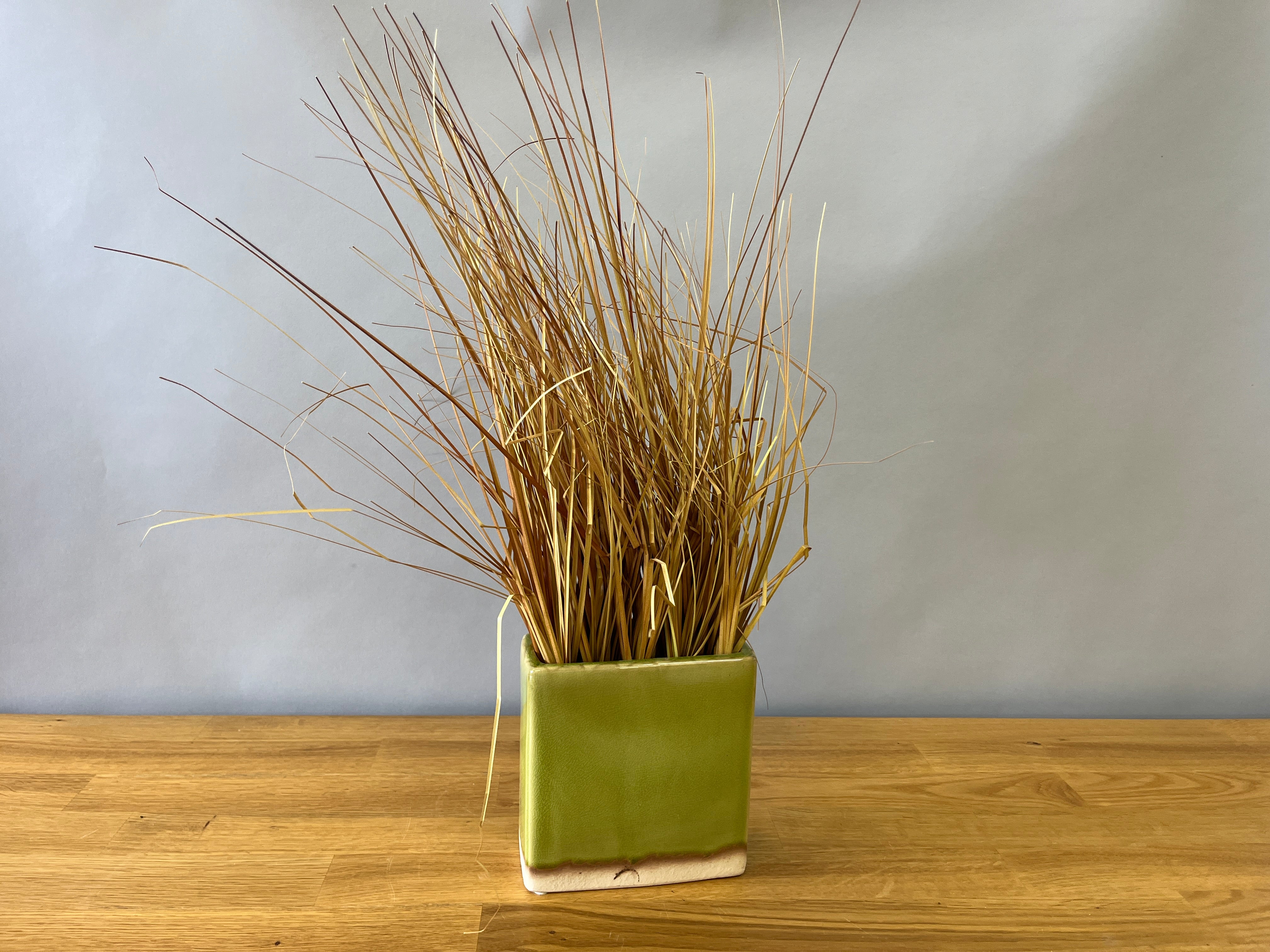 Green Vase with Faux Grass
