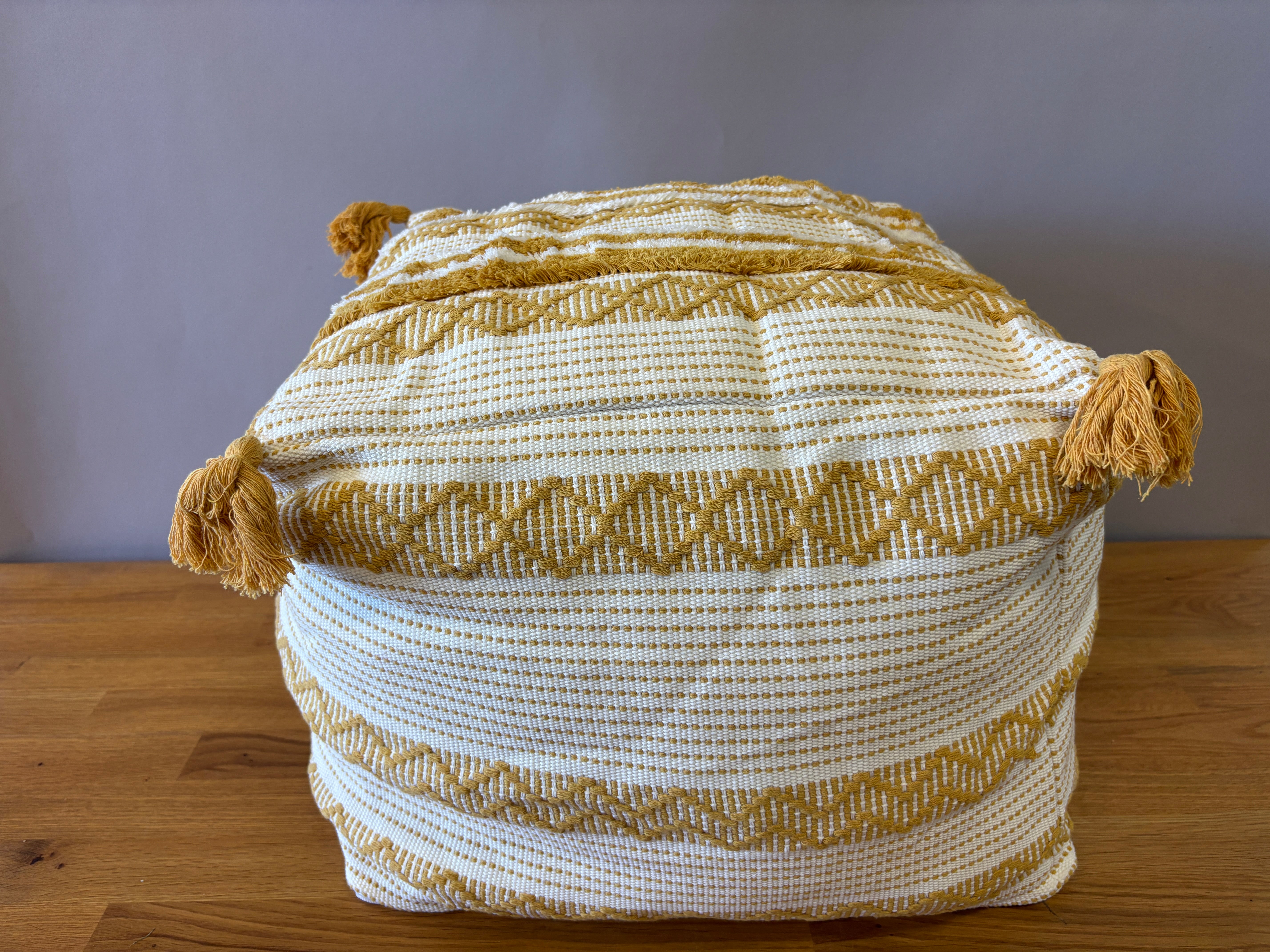 Yellow and White Square Pouf