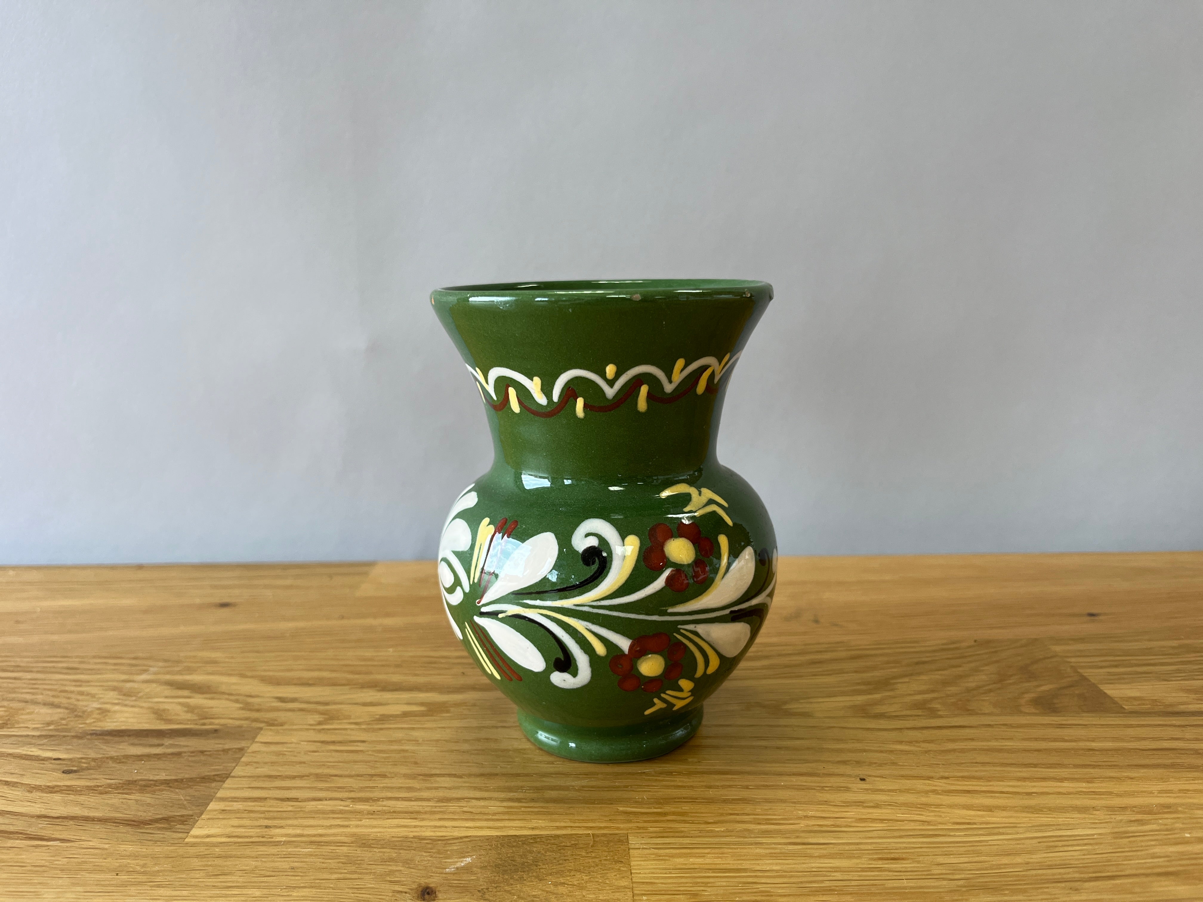Green Vase with Hand Painted Design